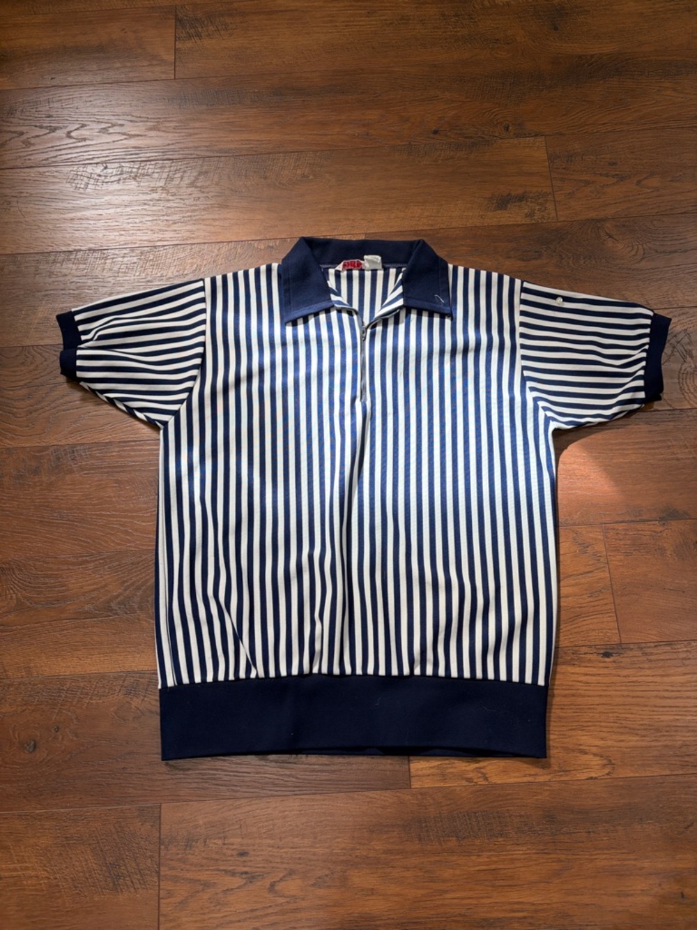 Hanold Navy and White Vertical Stripe Collared Knit Top